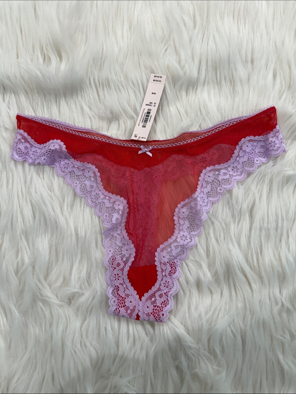 VICTORIA'S SECRET Tease Collection Red & Lilac Sheer Mesh & Lace Thong Med NWT